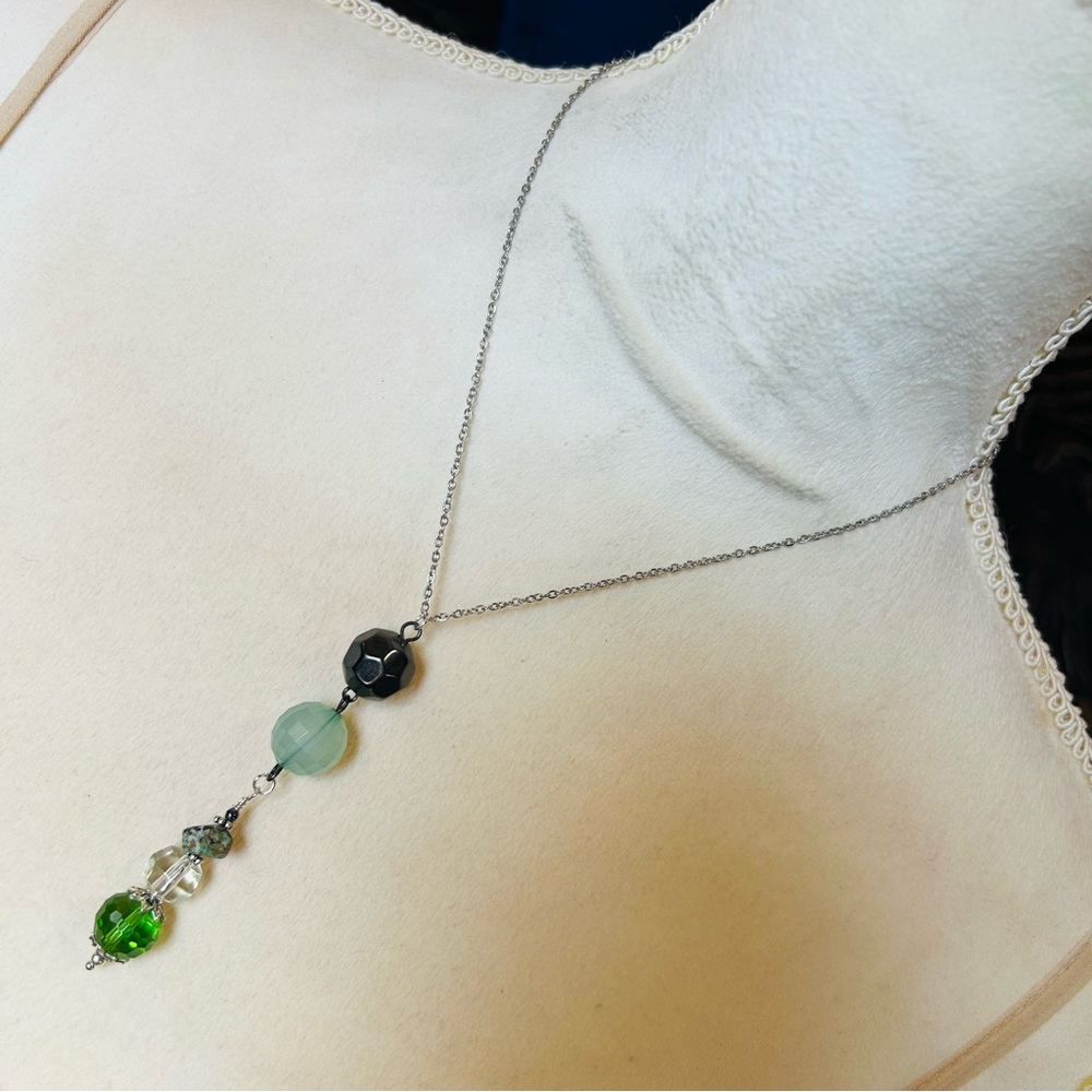 Handcrafted vintage crystal turquoise bead drop pendant on chain necklace